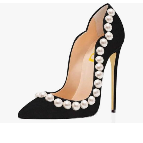 FSJ Shoes - FSJ Black-pearl Pointed Toe High Heels Sexy Stiletto Pumps Office Lady Shoes